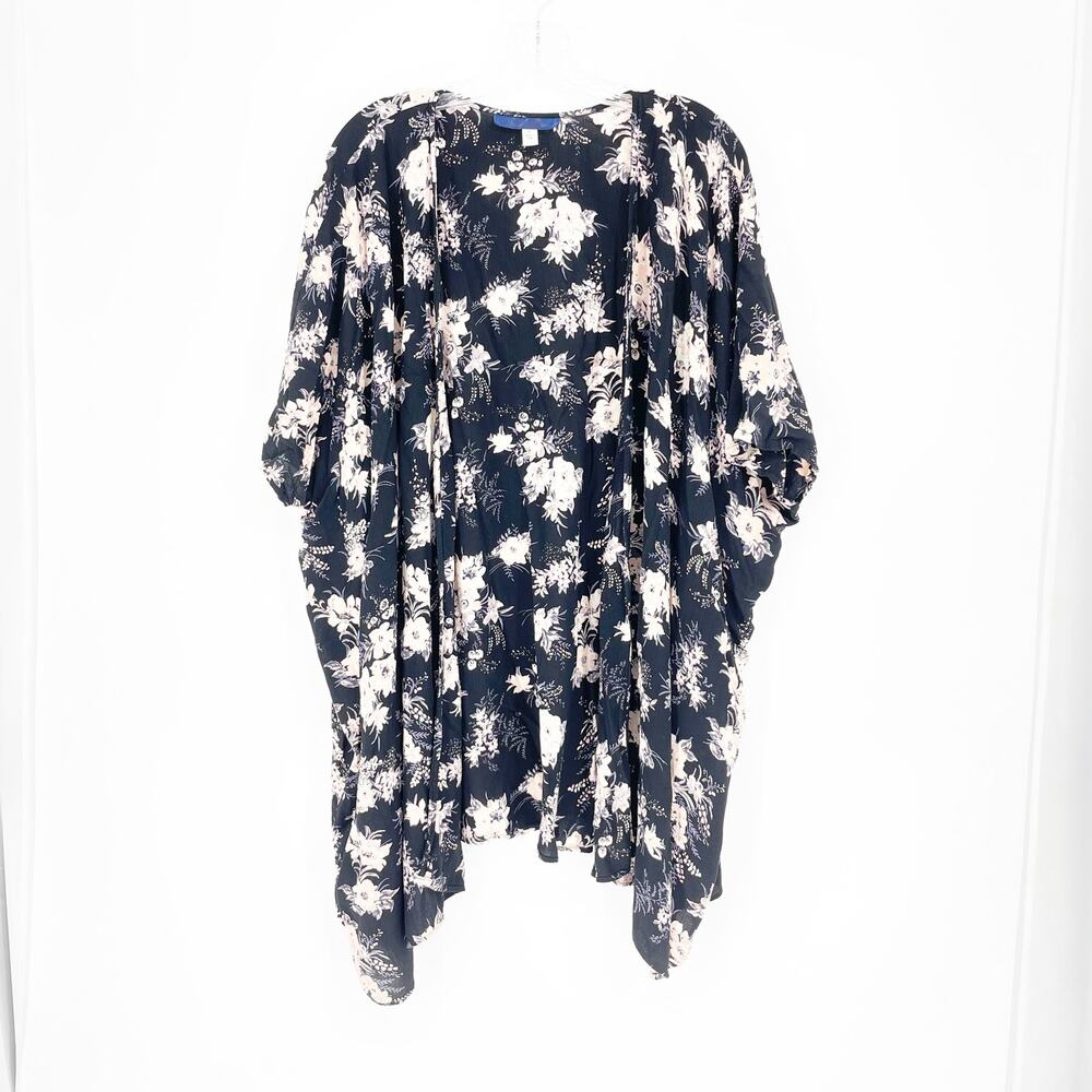 Blue Rain Floral Black Kimono Top Size Large